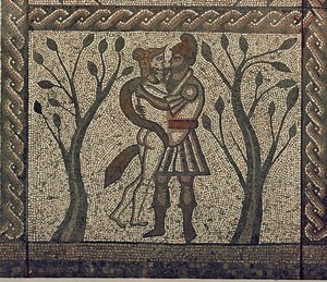 Dido and Aeneas embracing, from the mosaic pavement in the Roman villa at Low Ham, c.350 AD (detail) by Roman